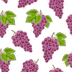 Vector Grapes Seamless Pattern, square repeating background with cut out illustration of fresh grape bunches with green leaves for wrapping paper, group of flat lay red grape fruits for home interior