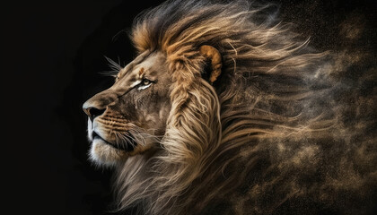 powerful male lion with a magnificent mane fading into gold dust, black background