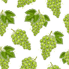 Vector Grapes Seamless Pattern, square repeating background with cut out illustration of ripe grape bunches with green leaves for wrapping paper, group of flat lay green grape fruits for home interior