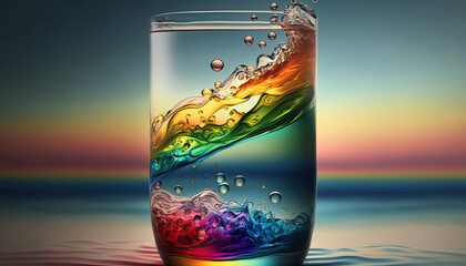 abstract illustration, water glass with a colorful liquid, rainbow colored water, background image