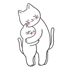 Cartoon cute character mom and baby cat hugging vector.