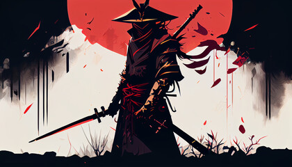 Samurai  with katana flat illustration. Generative AI - obrazy, fototapety, plakaty