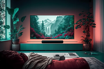 Bed room with big tv and red light. Interior design. Generative ai.