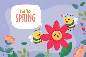 Vintage hello spring greeting banner design template with bee.