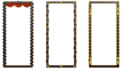 set of cell phone sizes frame made of antique copper and golden ornaments and chains, nature leaves, stars, gems, stems and cats as transparent png file.