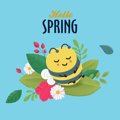 Vintage hello spring greeting banner design template with a sleeping bee character.