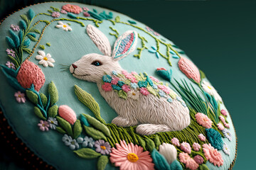 Obraz premium Embroidered Bunny with flowers. Generative Ai