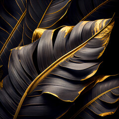 Black and gold colors tropic leaves composition. Generative AI.