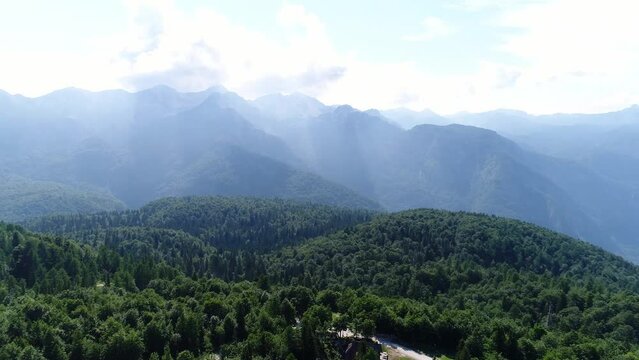 Aerial Drone Above Foggy Mountain Vogel Julian Alps Forest National Parj Bohinj Slovenia, Scenic Natural Landscape