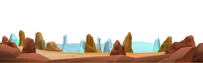 Rocks cliffs stone. Seamless composition. Landscape mountainous. Natural land desert. Cartoon style illustration. Isolated on white background. Vector.