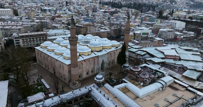 Bursa Grand Mosque (Ulu Cami), Largest Mosque In Bursa, Turkey - aerial drone shot