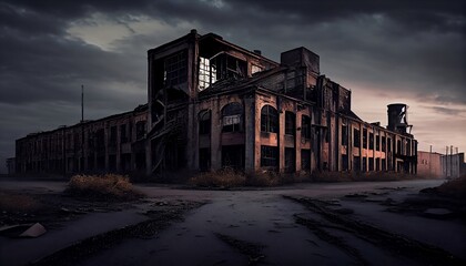 Fototapeta na wymiar An abandoned factory, eerie, desolate, haunting, industrial, moody lighting, Generative AI, illustration
