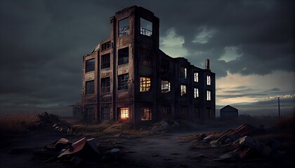An abandoned factory, eerie, desolate, haunting, industrial, moody lighting, Generative AI, illustration
