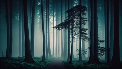 A misty forest, mystical, enchanted, peaceful, green, captured with a large format film camera, Generative AI, illustration