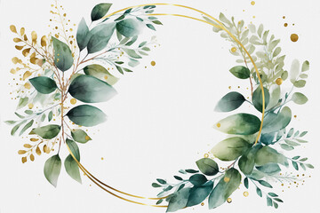 Watercolor green leaves wreath with golden circle. Generative ai design.