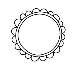 Doodle circle scalloped frame. Hand drawn scalloped edge ellipse shape. Simple round label form. Flower silhouette lace frame. Vector illustration isolated on white background.
