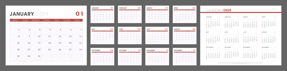 2024 Calendar Planner Template. Vector layout of a wall or desk simple calendar with week start monday. Set of monthly and annual page calendar. Minimalist corporate calendar design for print. - obrazy, fototapety, plakaty