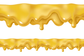 Dripping melted cheese drops or mustard sauce design. Vector 3d liquid paint stain illustration. Realistic horizontal seamless border isolated.
