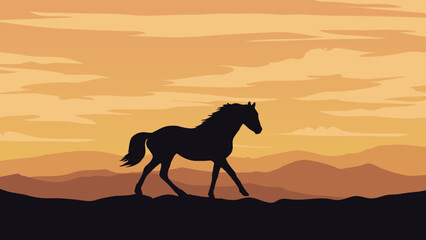 Fototapeta na wymiar a horse is walking across a hill at sunset or dawn, mountain range