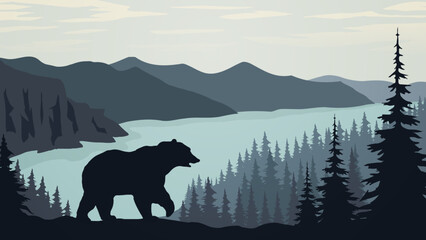 a bear is walking near a lake, forest and mountain range