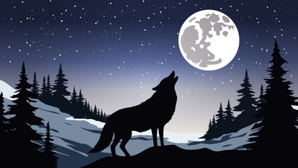 A wolf howling at the full moon in a snowy landscape with pine trees and a starry sky
