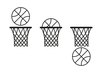Basketball ball hits hoop with net icon. Accurate hit, throw at target. Sports game with goal. Hitting ball in ring, success. Vector © Iuliia