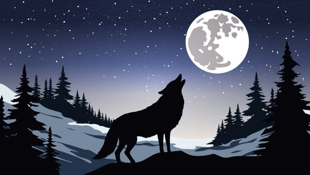 A wolf howling at the full moon in a snowy landscape with pine trees and a starry sky