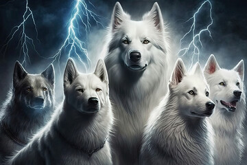 a pack of white wolves, lightning in the background