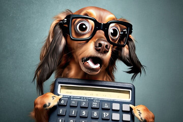 Shocked cute dog in glasses with open mouth looks at calculator, concept of Surprised and Amazed, generative AI