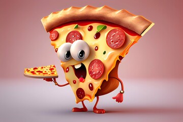 Funny pizza emoji cartoon character with soft background. Generative AI