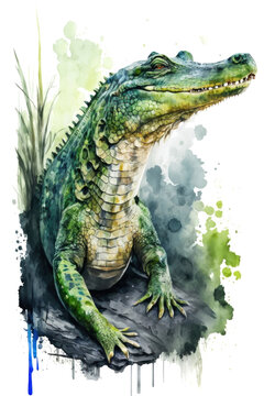Illustration crocodile in watercolor. Animal on a white background, generative AI