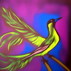 Obraz premium Retro-Welle Porträt eines Vogels Reflexion. 80er Jahre Poster-Stil violett Neon Ästhetik. Generative AI Art Illustration