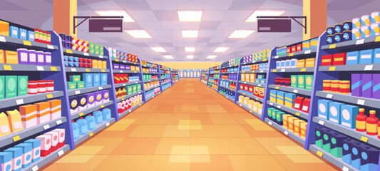Aisle in grocery store and shelves with food vector background. Supermarket interior background perspective view. Merchandise in hypermarket with display shelf full of products to buy. - obrazy, fototapety, plakaty