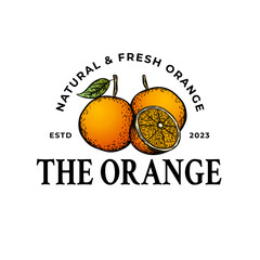 Wholesome ripe grapefruit or orange fruits badge. Fresh and Tasty. Retro stylized fruits icon
