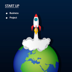 space rocket launch to the night sky, earth, and smoke on background.