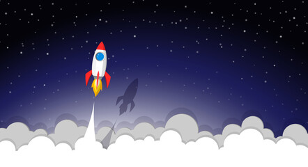 space rocket launch to the night sky, stars and clouds on background. vector paper art or paper cut concept