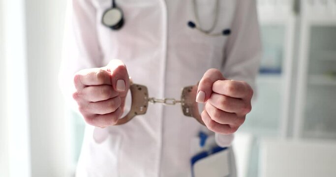 Doctor hands in handcuffs arrest of medical staff and corruption