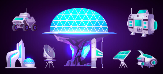 Vector spaceship and station to explore galaxy. Cartoon set space science base with rover, shuttle, tekescope and circle observatory to discovery solar system. Futuristic cosmic game illustration. © klyaksun