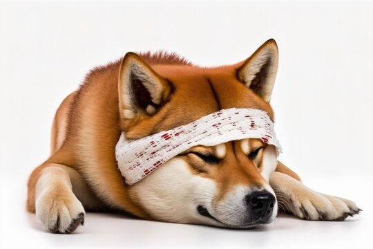 Injured Shiba Inu with bandage on forehead
