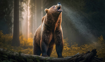 Fototapeta premium Brown grizzly bear roaring in the morning forest. digital ai art