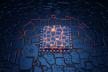 CPU overheating by big data. A computer processor with millions of connections and signals. Technology cpu background. Chip propagate through the motherboard. 3d render