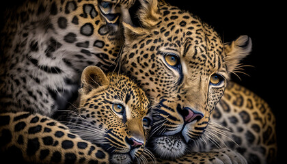 Fototapeta na wymiar Mother leopard with her cub. mother love concept. Digital ai art