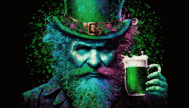 St. Patrick's day celebration background. Leprechaun man in the green hat with green beer pint Generative ai