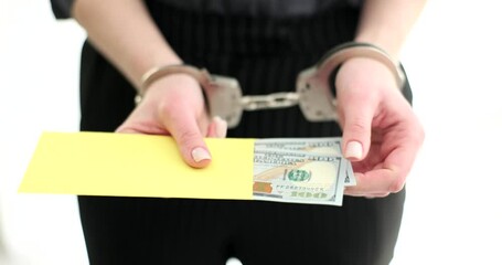 Woman in handcuffs holds dollar bribe in envelope
