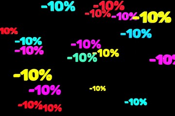 Fototapeta premium Colorful minus ten percent symbols fall down isolated on black background 3d render. Concept of discounts, sales, seasonal promotions, black friday, singles day and shopping 1111