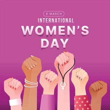 International women's day - Group of women's variety hands raised to show female power on purple background vector design
