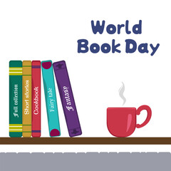 Vector illustration of a shelf with books and a cup with a drink. Banner for the World Writers' Day. Image for World Book and Copyright Day. The concept of the writer's block.