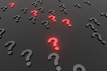 Question marks symbols icon black background 3d render. Digital cyberspace questions, symbol, ask, asking, essentials, confusion thinking