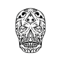black and white skull with abstract ornament isolated on white background