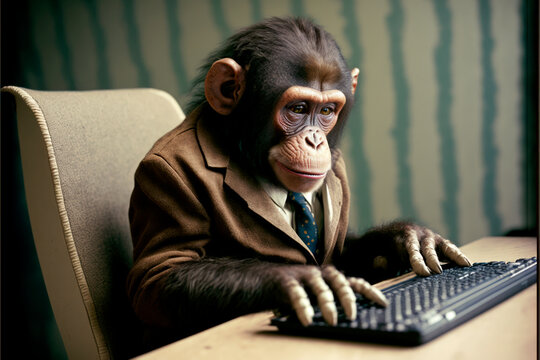 A Monkey Dressed In A Suit Sitting At A Desk Typing On A Computer Keyboard - Generative AI